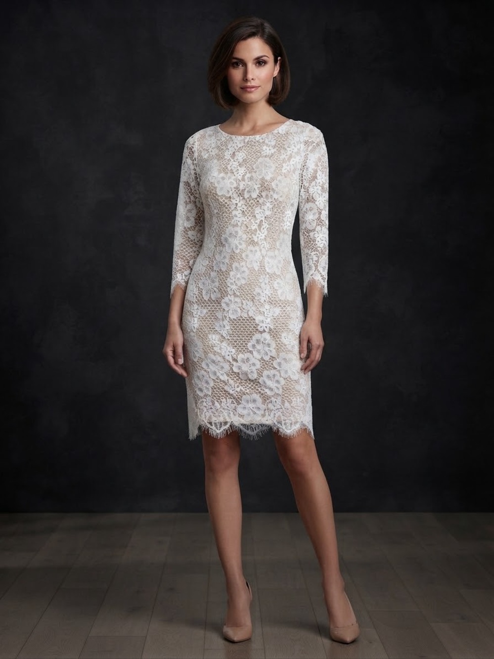 Jessica Howard Cream and White Floral Lace Long Sleeve Sheath Dress
